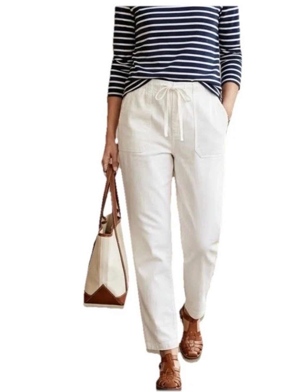 J CREW Pants Women LT Ivory Tie-Waist Camp 100% Cotton Relaxed